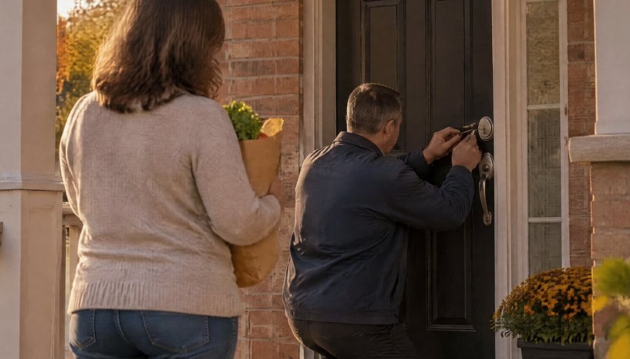 A technician picking the front door lock while the homeowner waits on the porch